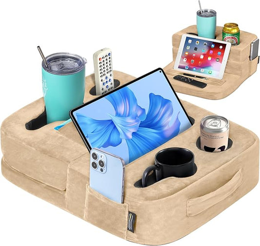 Couch Cup Holder Tray Pillow - Bed, Couch Caddy, Sofa, RV & Car - Holds Drinks, Snacks, Remotes, Phones, Kindle, Tablet | Bed Cup Holder (Beige)