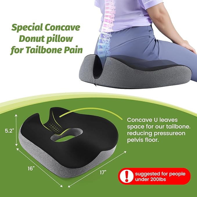 Concave U Surface Donut Pillow for Tailbone Pain Cradle Tailbone Reducing Pressure on Pelvis- Hemorrhoid Pillow for Office, Car, Home Seat- Black/Gray