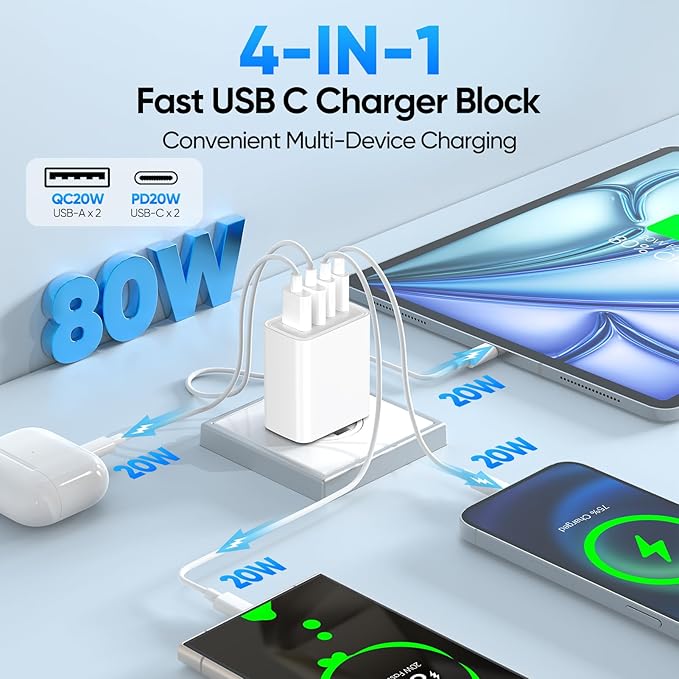 [2-Pack] USB C Charger,80W 4-Port Type C Fast Charging Block,USBC Multiport Wall Plug PD&QC GaN Charging Cube with 6.6FT USB C Cable for iPhone 16/15/14/13/12/11/Pro Max/XS/XR, Samsung（White