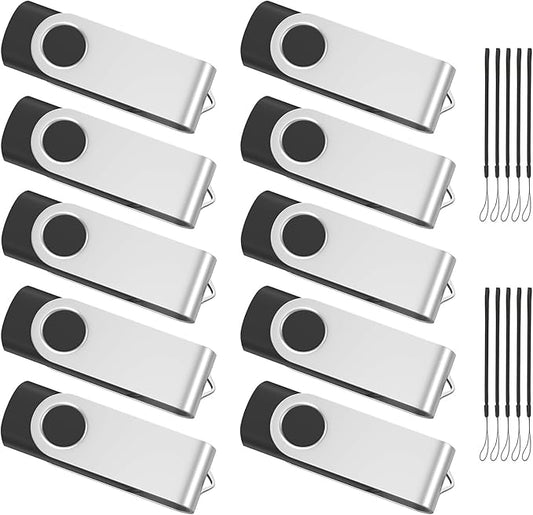 (Not 128GB) ABLAZE 128MB Flash Drive 10 Pack, USB 2.0 Memory Stick with Lanyards Swivel Thumb Drives Bulk 128MB Pendrive U Disk for Data Storage (Black)