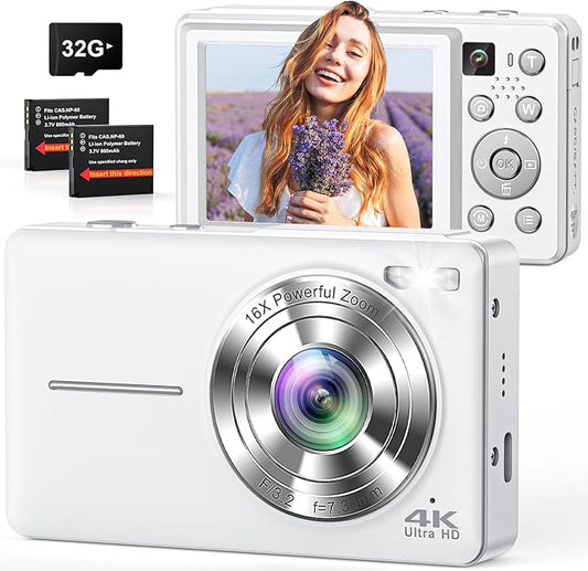 Digital Camera, 4K 64MP Cameras for Photography, Point and Shoot Digital Camera with Auto Focus, Dual Camera, Flash, 16X Zoom, Anti Shake, 32GB Card, Compact Vlogging Camera for Teens, Adults