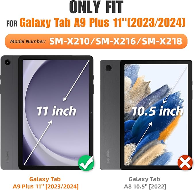 SEYMAC stock Case for Samsung Galaxy Tab A9+ Plus 11'', Full-Body Drop Protection Case with Screen Protector Pencil Holder [360° Rotating Hand Strap] &Stand, Orange+Black