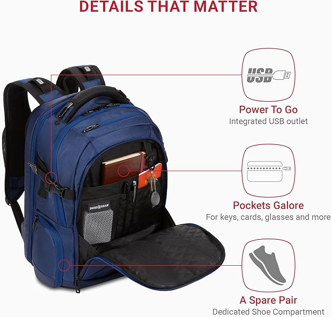 SwissGear Travel Tech Elite Laptop Backpack – Fits Laptops up to 16” – ScanSmart TSA-Friendly Backpack with USB Port, Shoe Compartment & Organizer Pockets – Navy Ballistic