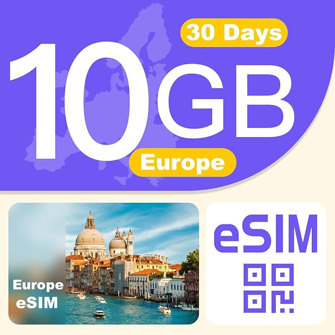 Europe eSIM Card 10GB 30Days - 4G LTE High-Speed Network, Prepaid eSIM for 32 Countries (Including Switzerland), Hotspot Support, High Coverage Multi-Carrier for Unlocked iPhone and Android