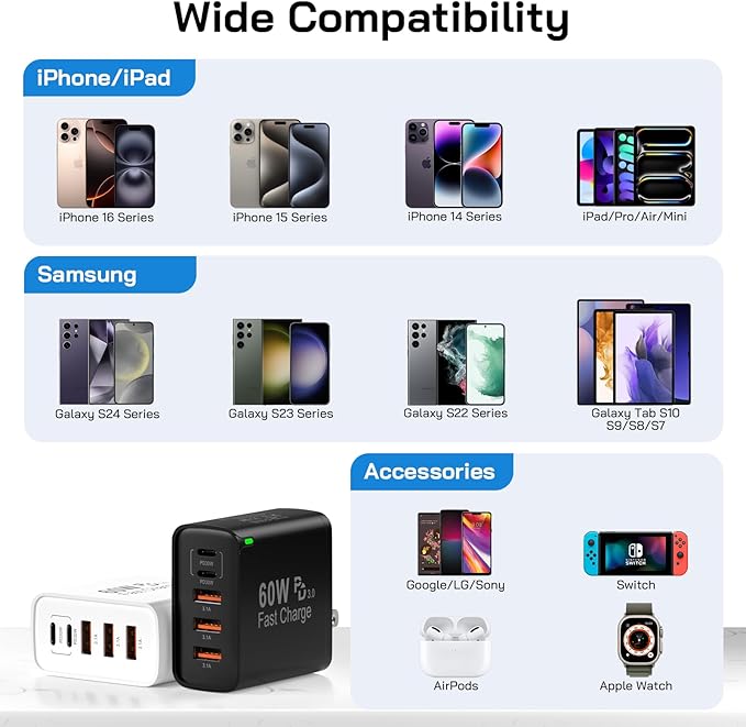 2Pack USB C Fast Charger Block, 60W 5-Port USB C Wall Charger 30W Type C Charging Block, 2USB C+3USB A PPS/PD 3.0 Multiport Charging Cube for iPhone 17 16 15 14 Pro Max,for Galaxy S25 S24 Ultra, i Pad