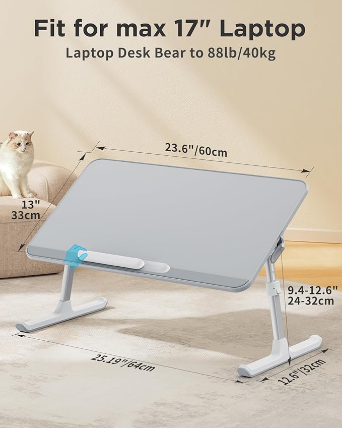 SAIJI Leather Laptop Bed Tray Table, Adjustable Laptop Stand with Removable Stopper, Portable Lap Desks with Foldable Legs, Notebook Stand Breakfast Reading Desk for Sofa Couch Floor(Large,Gray)