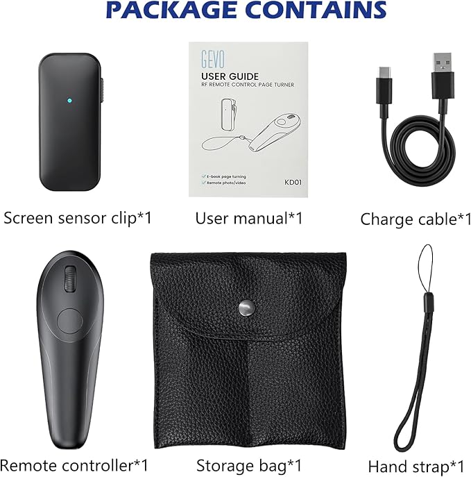 Remote Control Page Turner for Kindle Paperwhite Oasis Scribe Kobo, RF Page Turner Clicker for Kindle Device iPhone iPad Tablets, Novels Ereader Accessories with Wrist Strap Storage Bag