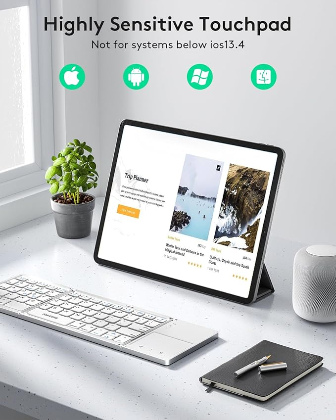 Samsers Multi-Device Foldable Bluetooth Keyboard with Touchpad, Rechargeable Dual-Mode(2.4G+BTx2) Wireless Keyboard with Holder, Portable Folding Keyboards for Android Windows iOS Mac OS - Silver