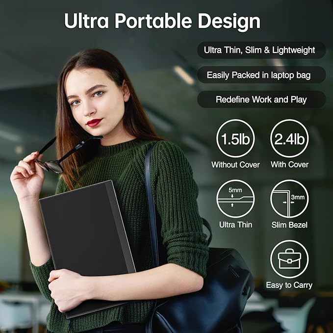 cocopar Portable Travel Monitor 15.6 Inch 1080P FHD USB-C Portable Screen with Dual USB-C HDMI Portable Monitor for Laptop PC Mac Surface Xbox PS5, with Cover VESA Mountable