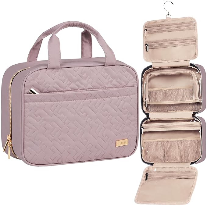 NISHEL Travel Toiletry Bag for women, Portable Hanging Organizer for Travel-Sized Shampoo, Conditioner, Brushes Set, Makeup Accessories, Medium Size, Peach Pink