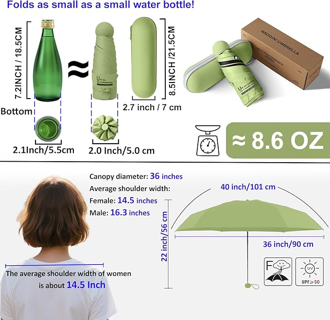 BAODINI Travel Essentials Mini Umbrella for Purse With Case Small Compact UV Sun Protection Lightweight Tiny Pocket Manual Open Close Umbrella for Women Kids and Men Fit Purse Backpack