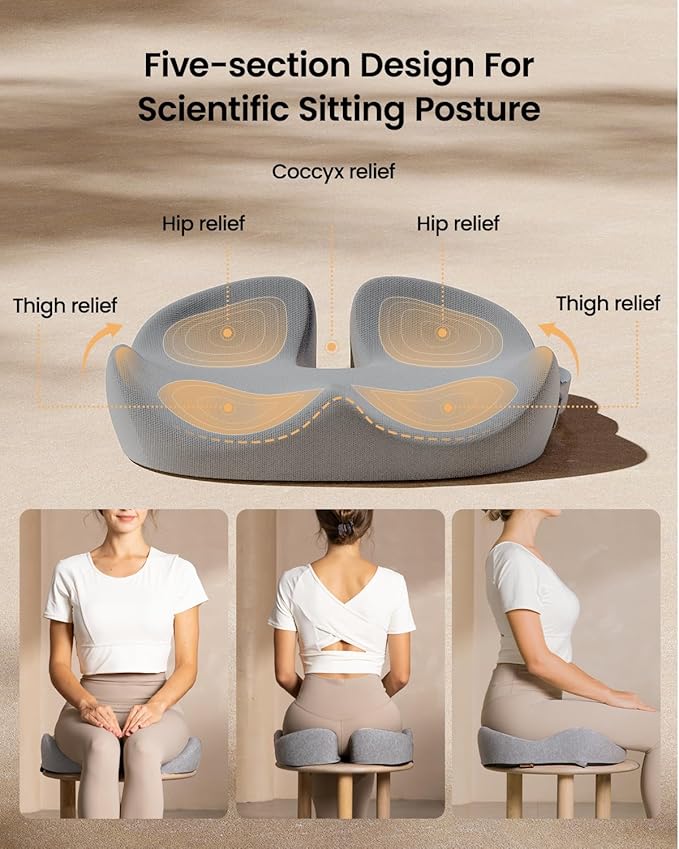 ProtoArc Seat Cushion, Office Chair Cushion for Sciatica, Coccyx Cushion, Ergonomic Memory Foam Seat Cushion for Car, Home, Pressure Relief Pad for Hip, Tailbone, All Day Comfort - Gray