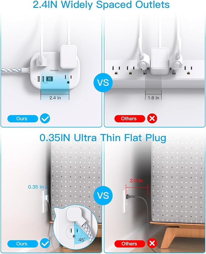 One Beat Cruise Ship Essentials,Travel Power Strip with USB C,Flat Plug Extension Cord with 3 Outlets 4 USB Ports(2 USB C),3 ft Desk Wall Outlet Extender,Non Surge Protector for Cruise,Dorm Room,ETL