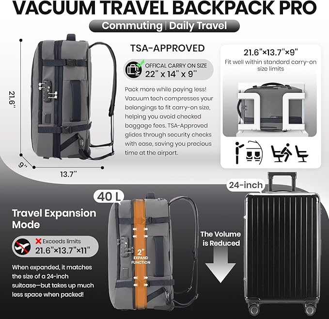Fanwoli Vacuum Rolling Travel Backpack, Carry On Luggage with TSA Lock & Anti Theft Zipper, 70L Expandable Airback with Compression Pump, Waterproof Laptop Bag Ideal for Flight & Business,Grey