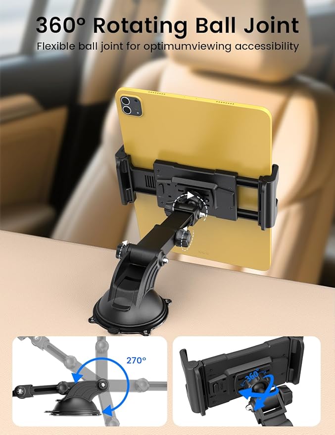 OHLPRO Tablet Holder for Car Suction Cup Mount for Dashboard & Windshield, 360° Rotation Adjustable Clamp with Telescopic Arm Compatible with 5"-13" iPad Pro,Air,Mini,Galaxy Tab, Kindle Fire
