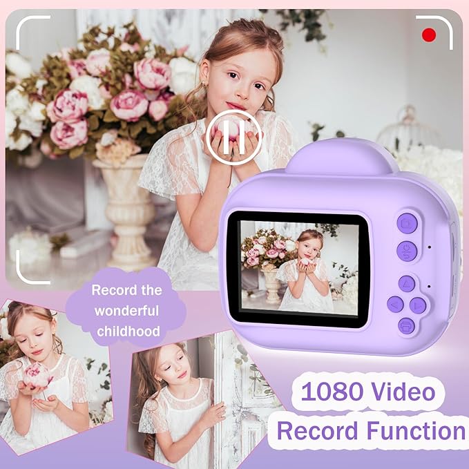 Kids Camera Toys, Instant Print Camera for Kids, Toddler Cameras Christmas Birthday Gifts for Girls Boy,1080P HD Digital Cameras, Portable Travel Toy for 4 5 6 7 8 9 10 Year Girl with SD Card (Purple)