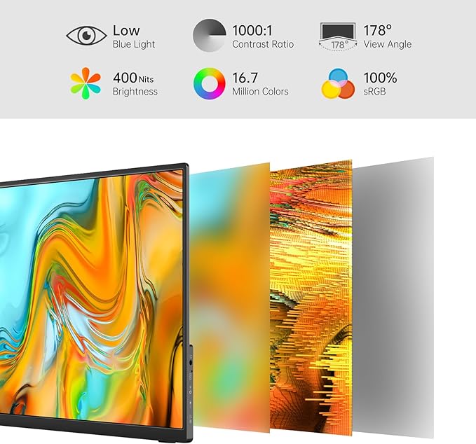 MNN Portable Monitor 14 inch FHD 1920 * 1200P USB C HDMI Ultra-Slim IPS Travel Display w/Speakers, HDR Plug&Play, External Monitor for Laptop PC, Phone,Mac(400cd/m² Brightness)