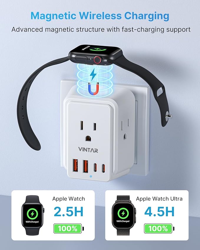 European Travel Plug Adapter for Apple Watch Charger, VINTAR International Power Adapter with 3 AC Outlets 4 USB Ports (2 USB C), Type C/G/E/F Detachable Plugs, US to Europe UK France Italy Spain