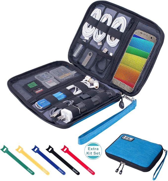 Travel Cable Organizer Bag Waterproof Portable Electronic Accessories Organizer for USB Cable Cord Phone Charger Headset Wire SD Card with 5pcs Cable Ties(Blue)