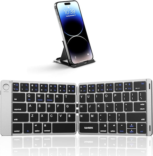 Samsers Foldable Bluetooth Keyboard - Portable Wireless Keyboard with Stand Holder, Rechargeable Full Size Ultra Slim Folding Keyboards Compatible IOS Android Windows Smartphone Tablet & Laptop-Silver