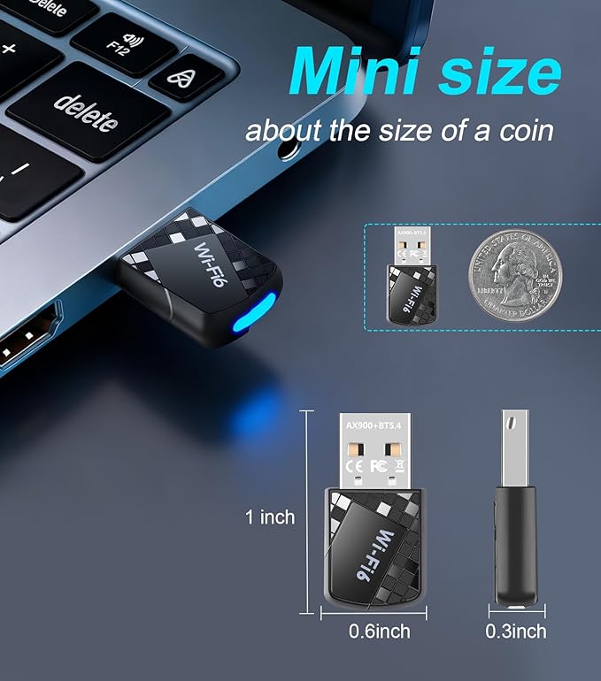 USB Wi-Fi Adapter,WiFi 6 & Bluetooth Adapter for Laptop PC - 900Mbps Wireless Dongle, 5G/2.4GHz Dual Band, Built-in Driver for Desktop/Laptop/PC,WPA3,BT5.4 Supports Windows 7/10/11