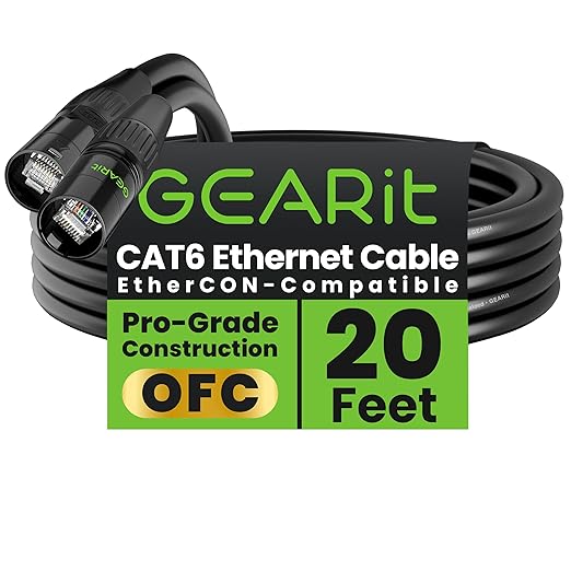 GEARit Shielded CAT6 Ethercon Cable (20 Feet) Professional Audio & Lighting RJ45 EtherCON-Compatible Cable for Studio, Stage, Concerts - 20ft Black