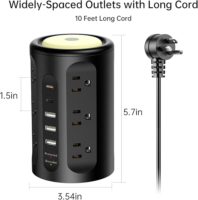 Surge Protector Power Strip Tower with 5 USB Ports and Night Light,10FT Extension Cord with 12 AC Multiple Outlets (Black, 10FT)