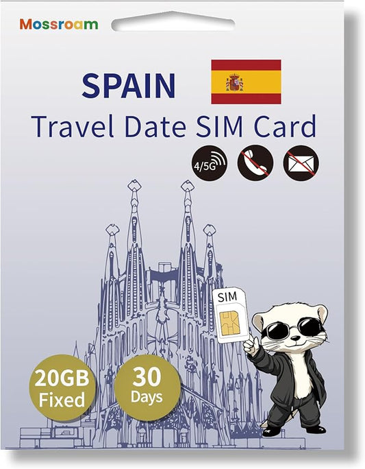 Spain Prepaid Data SIM Card 20 GB Fixed 4/5G LTE High-Speed Data for 30 Days with Hotspot