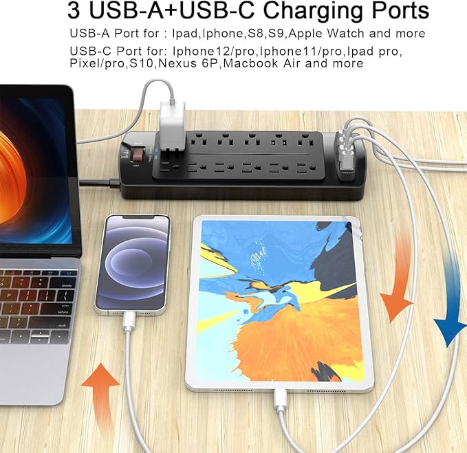 Power Strip, Tcstei Surge Protector with 12 Outlets and 4 USB Ports, 6 Feet Extension Cord (1875W/15A) for for Home, Office, Dorm Essentials, 2700 Joules, ETL Listed, (Black)