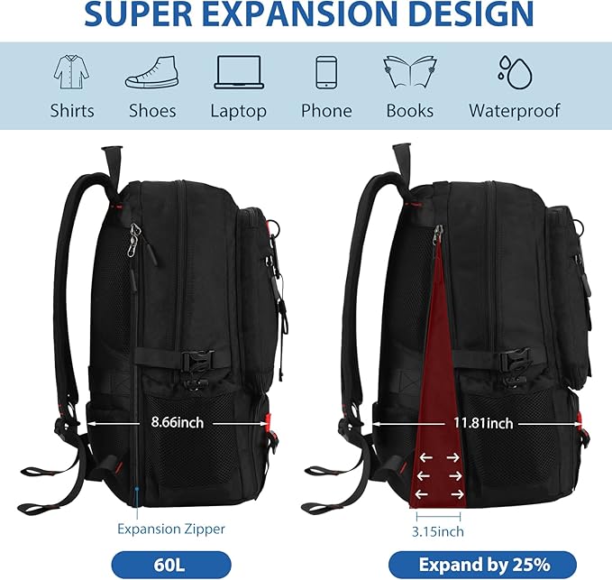 Travel Backpack for Men Women Airline Approved Anti Theft Carry on Backpack with Shoes Compartment USB Charging Port, Waterproof 60L Large Business Hiking Laptop Gym Bag for 17 Inch Laptop