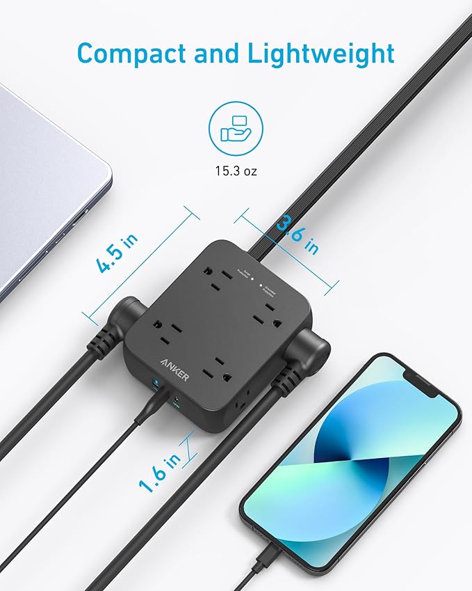 Anker Surge Protector Flat Plug Power Strip 2000J, 10ft Thin Extension Cord, 8 Outlets,2 USB A and 1 USB C Port,20W for iPhone15,Wall Mount,Compact for Home,Office,Room,TUV Listed