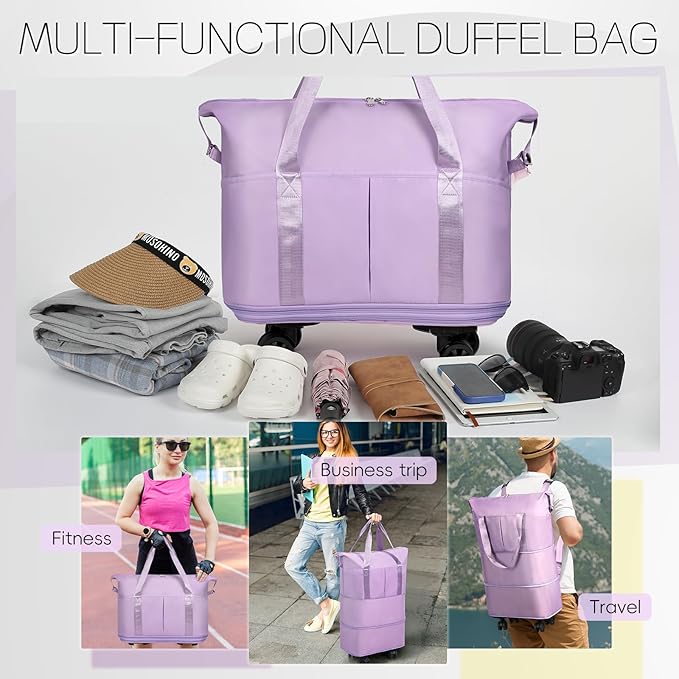 VOOWO Duffel Bag with Wheels - Rolling Foldable Expandable Duffle Bag with Wheels for Travel, Rolling Luggage Bag Carry On Travel Bag with Wheels, Large Wheeled Overnight Weekender Bag (Light Purple)