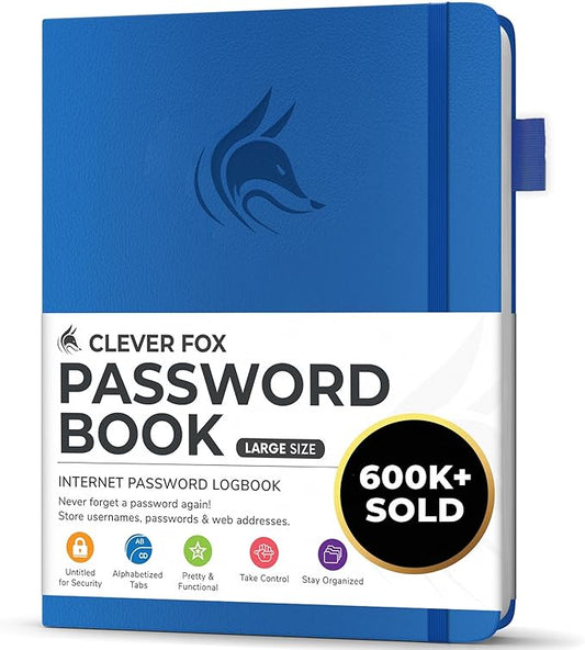 Clever Fox Password Book with alphabetical tabs. Internet Address Organizer Logbook. Large Password Keeper for Website Logins (Royal Blue)