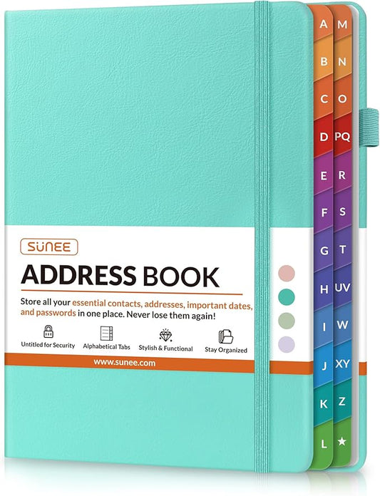 SUNEE Address Book with Colorful Alphabetical Tabs, Address Notebook Organizer for Record Contacts, 5.3'' x 7.7''- Aquamarine