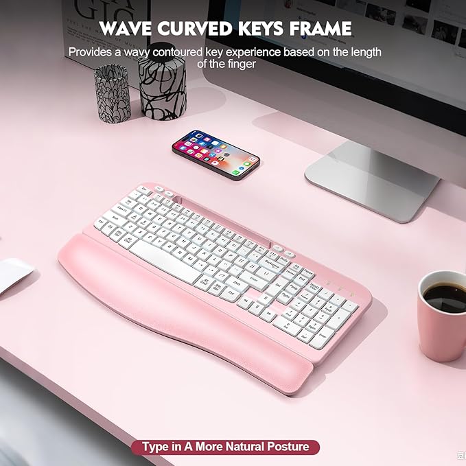 Ergonomic Wireless Keyboard with Cushioned Wrist Rest, Wave Keys, Phone Holder, Comfortable Natural Typing, 2.4GHz Full Size Cordless USB Computer Keyboard for Laptop, Mac, Windows (Pink)