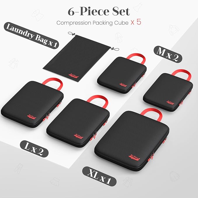 6 Set Compression Packing Cubes for Travel, 3 Sizes (5+1) for Carry-On Travel, Waterproof Compression Packing Cubes Set with Laundry Bag & Luggage Organizer (Black)