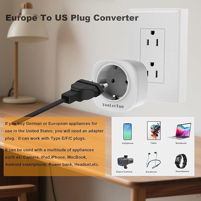 Europe to US Plug Adapter 6 Packs, European to American Travel Plug Adapter (Type C/E/F), USA to EU Outlet Adapters for Most of Europe Spain German France