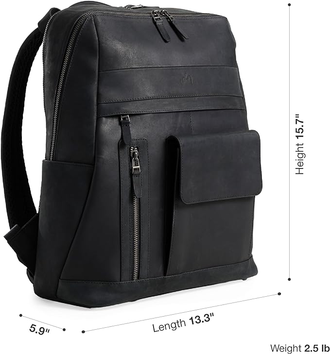 VELEZ Black Leather Backpack for Men & Women - Large Capacity Laptop Travel Backpack with 17" Sleeve - Vintage Travel Bag with Adjustable Straps, Multiple Pockets & Trolley Sleeve