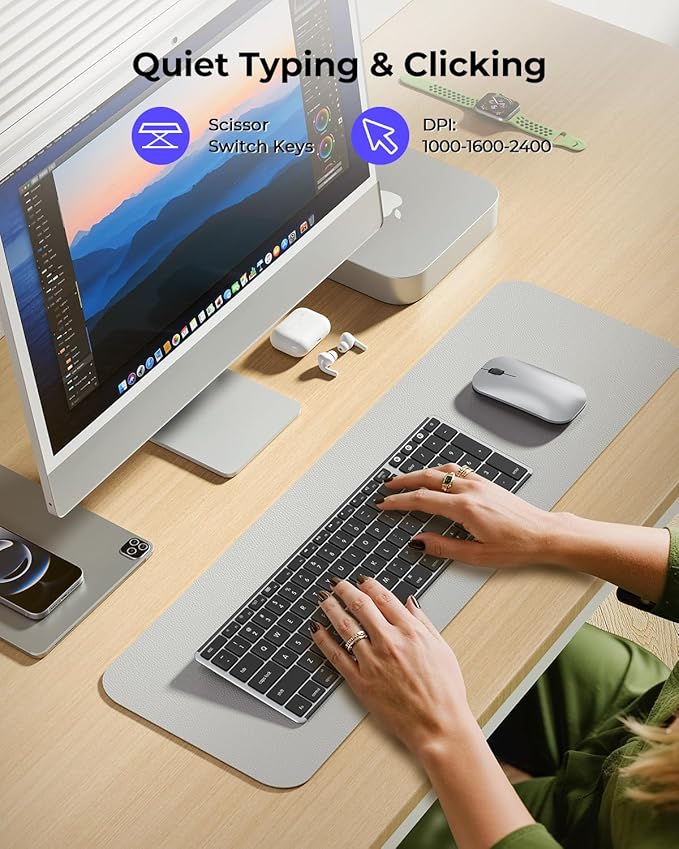 seenda Bluetooth Keyboard and Mouse for Mac, SKM64-2 Multi-Device Rechargeable Slim Wireless Keyboard Mouse Stainless Steel Full Size, Compatible with MacBook Pro/Air, iPad, Mac - Black Silver