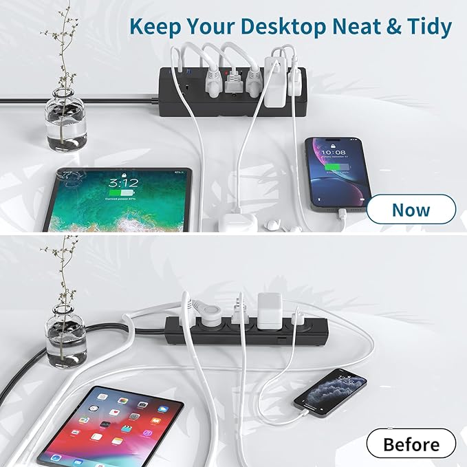 Desk Clamp Power Strip 2 USB C Desktop Mount Outlet Charging Station, 10FT Extension Cord Flat Plug with 6 AC, Removable 40W Fast Charging Surge Protector Power Strip Fits 1.8" Office Tabletop Edge