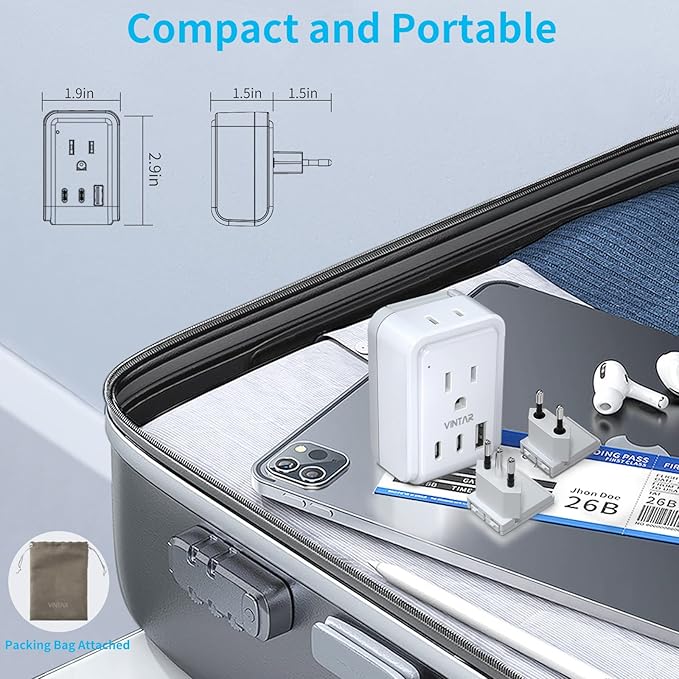 European Travel Plug Adapter Kit, VINTAR International Plug Adapter with 3 USB Ports (2 USB C, 3.4A) 2 American Outlets, Type L,C Detachable Attachments, Adapter for US to Chile Germany France Italy