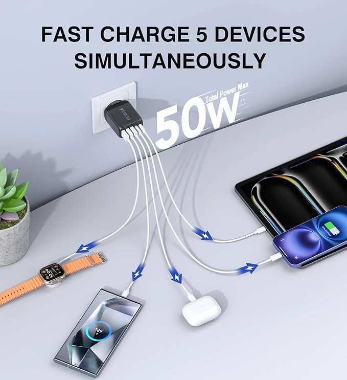 [2-Pack]50W USB C Wall Charger Block, 5-Port C Charger Fast Charging Block PD Power Adapter +QC 3.0 Multiport Type C Box Brick Cube USB A Wall Plug for iPhone 14/15/16/17 Pro Max,Samsung Galaxy(Black)