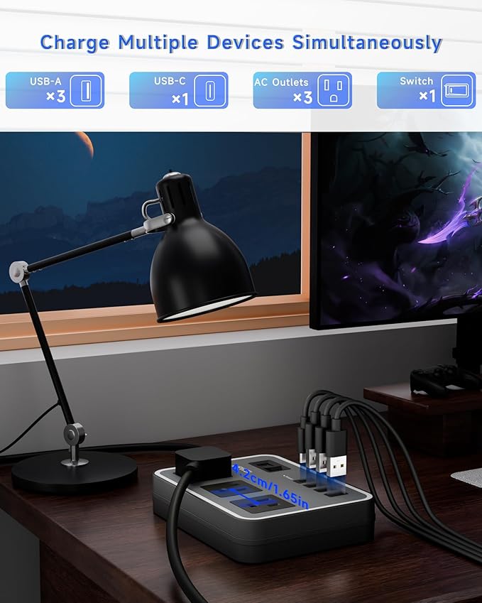 3 Outlet Power Strip with 3 USB Charging Ports and 1 USB-C Port, 1200W Extension Cord 5ft Power Cord, Black,Overload Protection Switch,No Surge Protector for Cruise Ship, Travel, Dorm, Home, Office