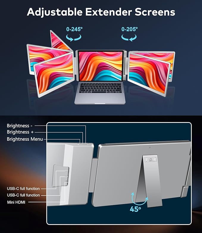 Laptop Screen Extender, 15.6-inch FHD 1080P IPS Triple Screen Portable Monitor Extender 12–18.5 inch, Portable Laptop Extended Monitor Compatible with Windows and MacBook