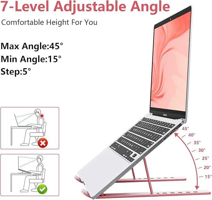 Laptop Stand for Desk, Aluminum Metal MacBook Stand，Computer Riser for Desk, Portable Foldable Adjustable Notebook Holder, Compatible with 10-15.6 Inch Laptops, iPad, Rose Gold.