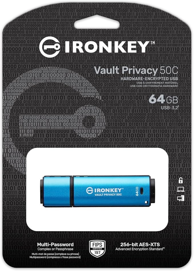 Kingston Ironkey Vault Privacy 50 USB-C 64GB Flash Drive | FIPS 197 Certified | XTS-AES 256-bit | BadUSB and Brute Force Protection | Mult-Password Option | IKVP50C/64GB