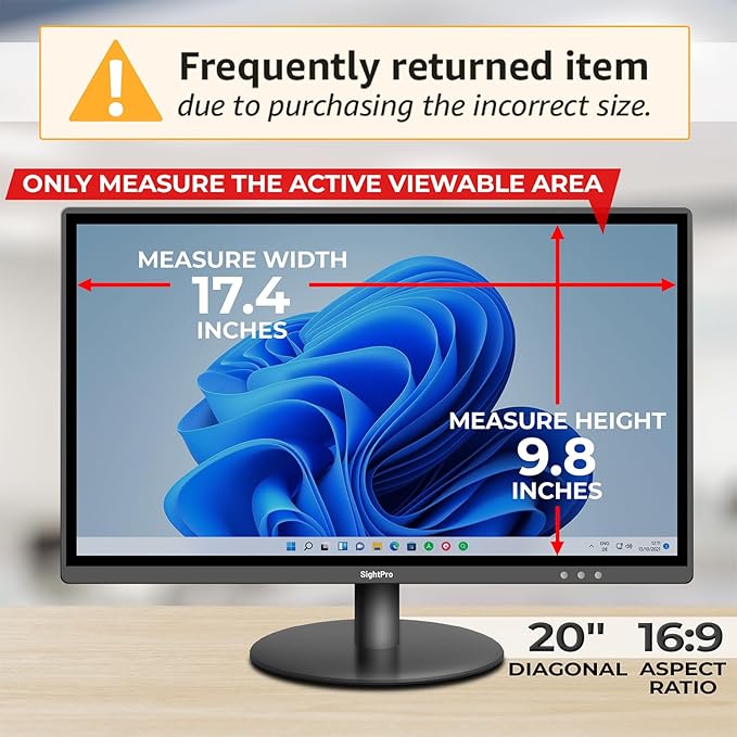 20 Inch 16:9 Computer Privacy Screen Filter for Monitor - Privacy Shield and Anti-Glare Protector (17 7/16" x 9 13/16")