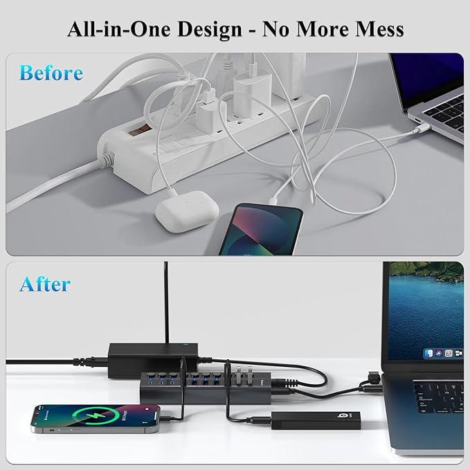Powered USB Hub, 10-Port USB C Hub with 6 USB-A 3.2, 4 USB-C 3.2 Ports, Individual Switches and 12V/5A Power Adapter, Aluminum USB Extension for MacBook, Laptop/PC and More.