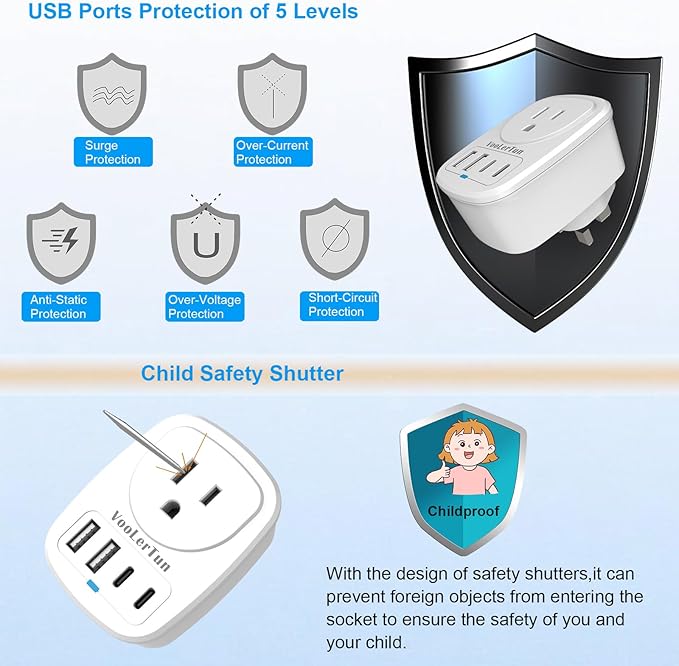 Type G-UK Plug Adapter, VooLerTun England Travel Adapter with 4 USB Ports (2 USB C),1 American Outlet Adapter. US Converter to Ireland Scotland Dubai Hong Kong Travel Essential
