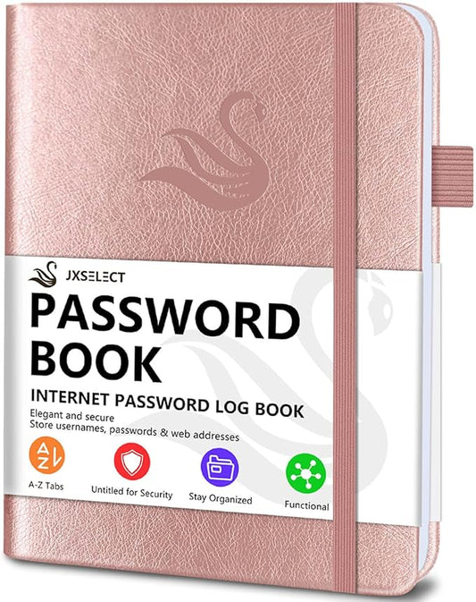 Elegant Password Book with Alphabetical Tabs - Hardcover Password Book for Internet Website Address Login - 7" x 10" Password Keeper and Organizer w/Notes Section & Back Pocket (Rose Gold)